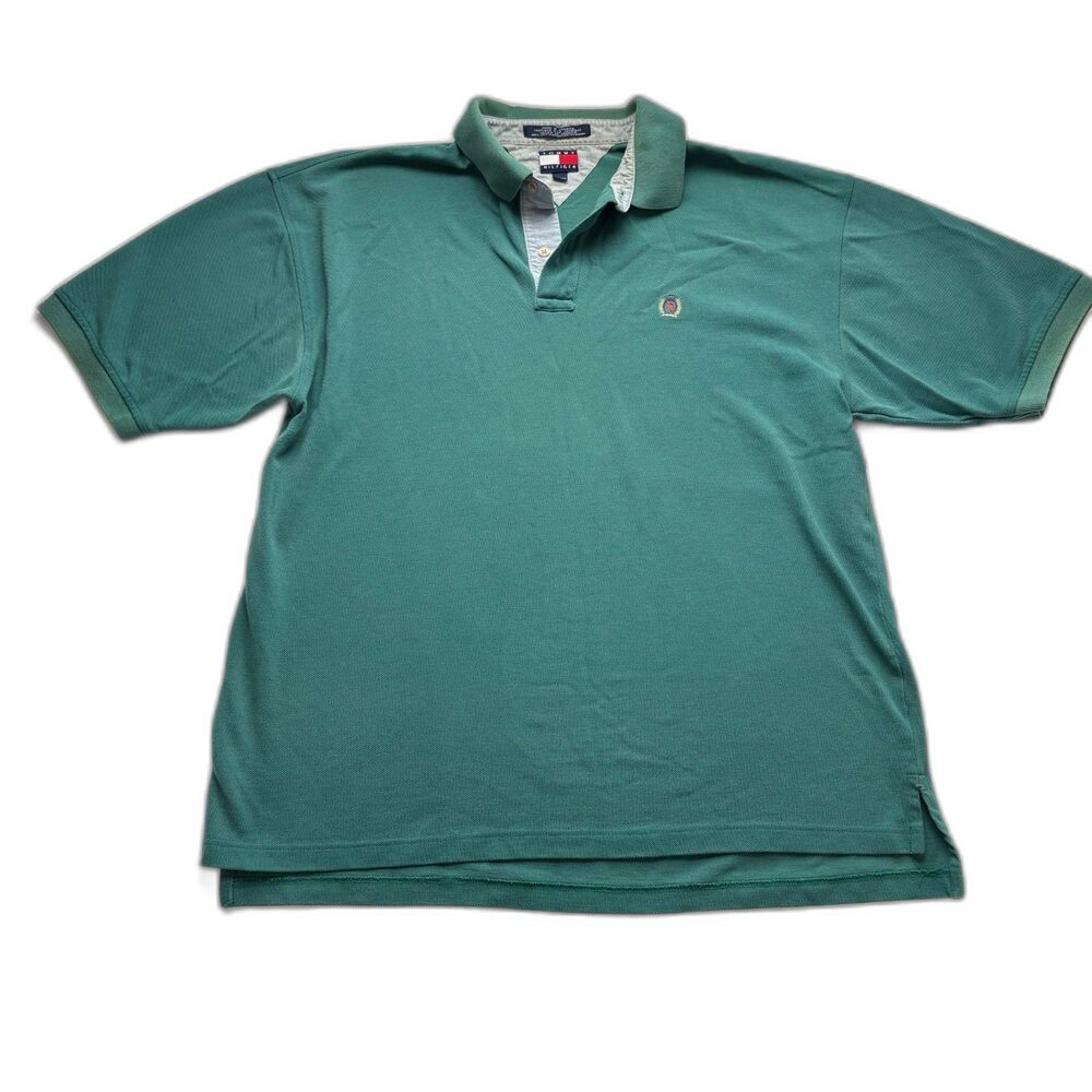 Men Vintage Tommy Hillfiger 100% Cotton Polo Green Preppy Sport Collar Shirt XL